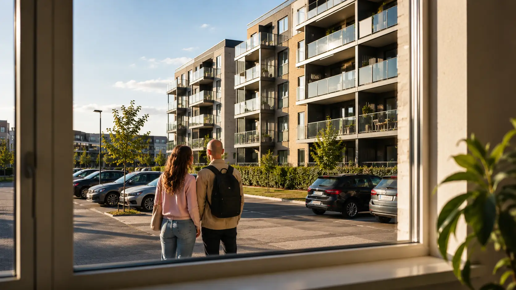 Man and woman standing in front of apartments