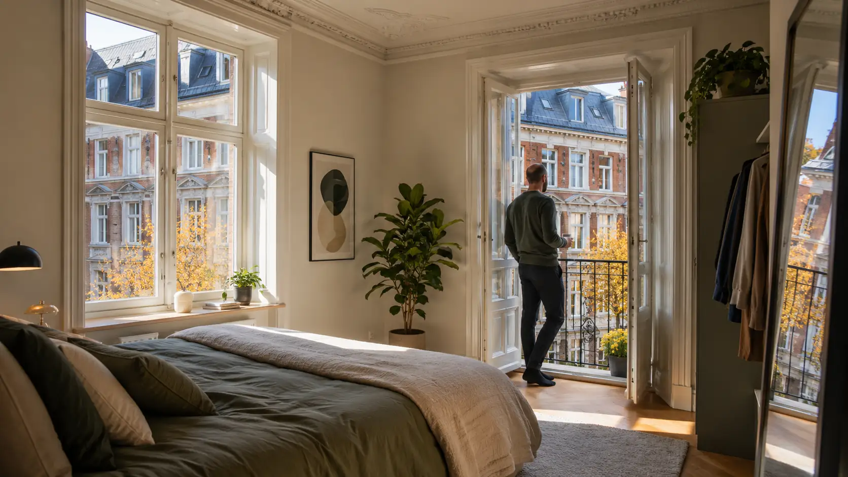 Man looking of an apartment from the bedroom