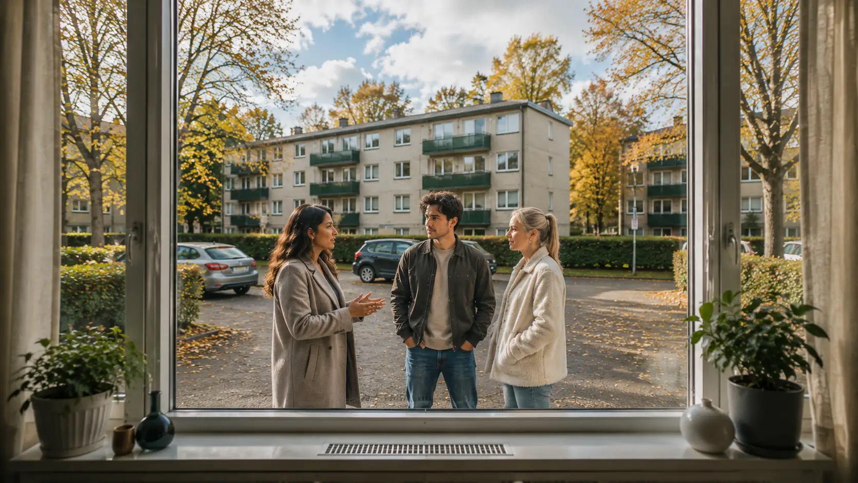 Landlord starting outside together with a younger couple