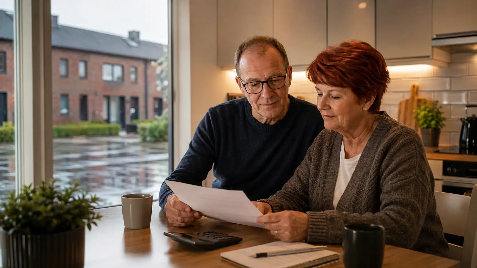 Older couple sitting in the kitchen doing some calculations on paper
