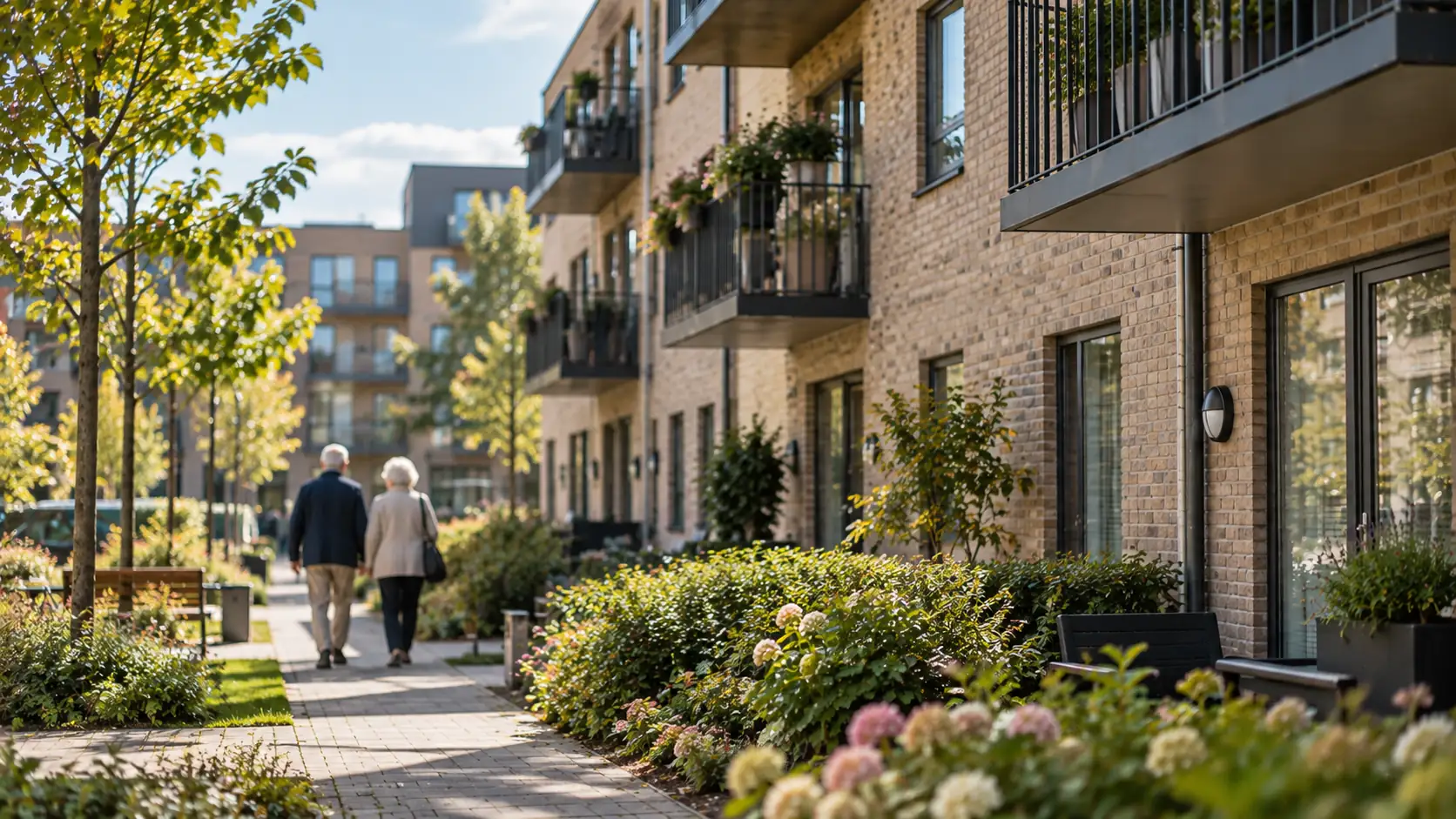 Older married couple walking outside close to an apartment building
