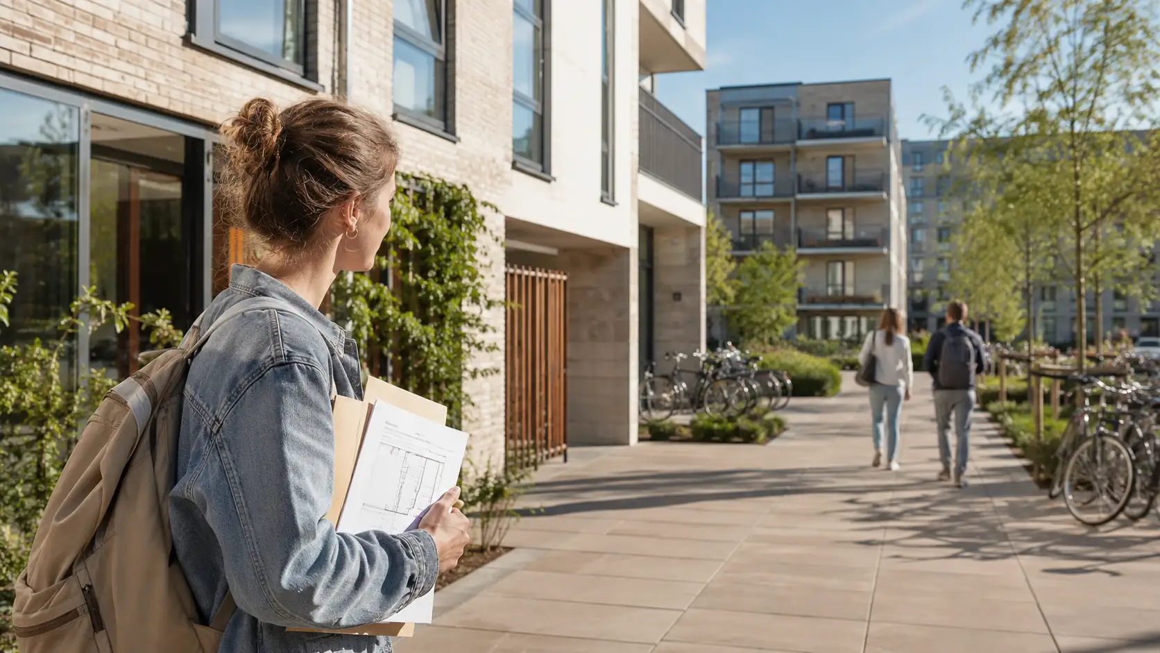 Student standing outside a modern youth housing complex in an urban setting.