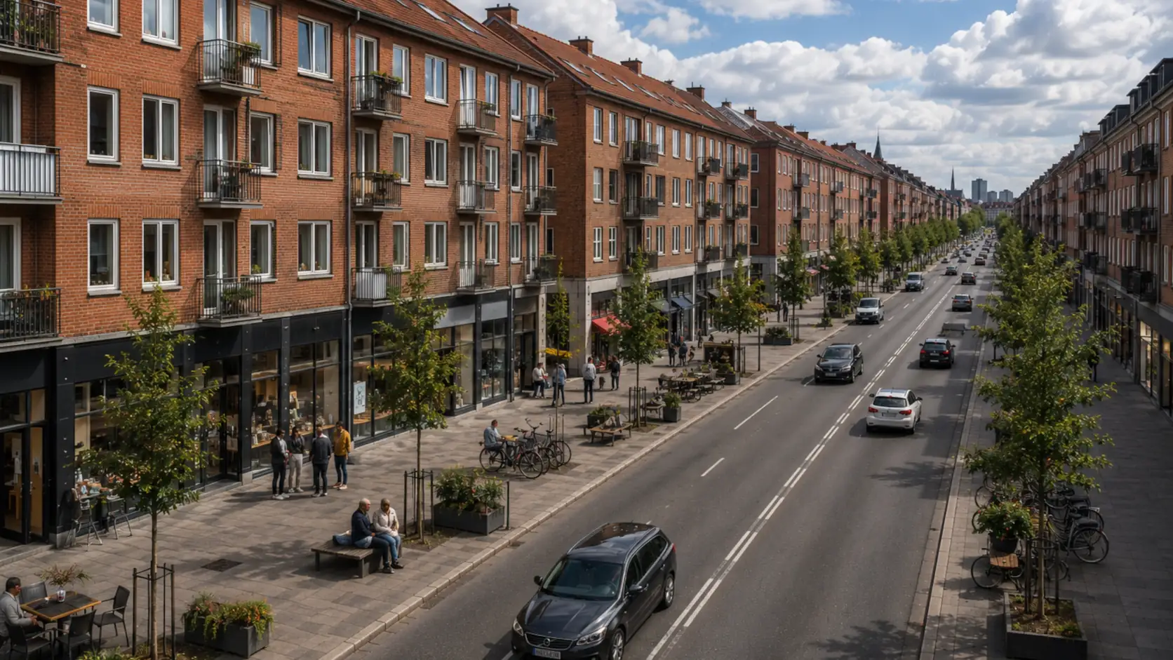 Street with apartments, people, and cars