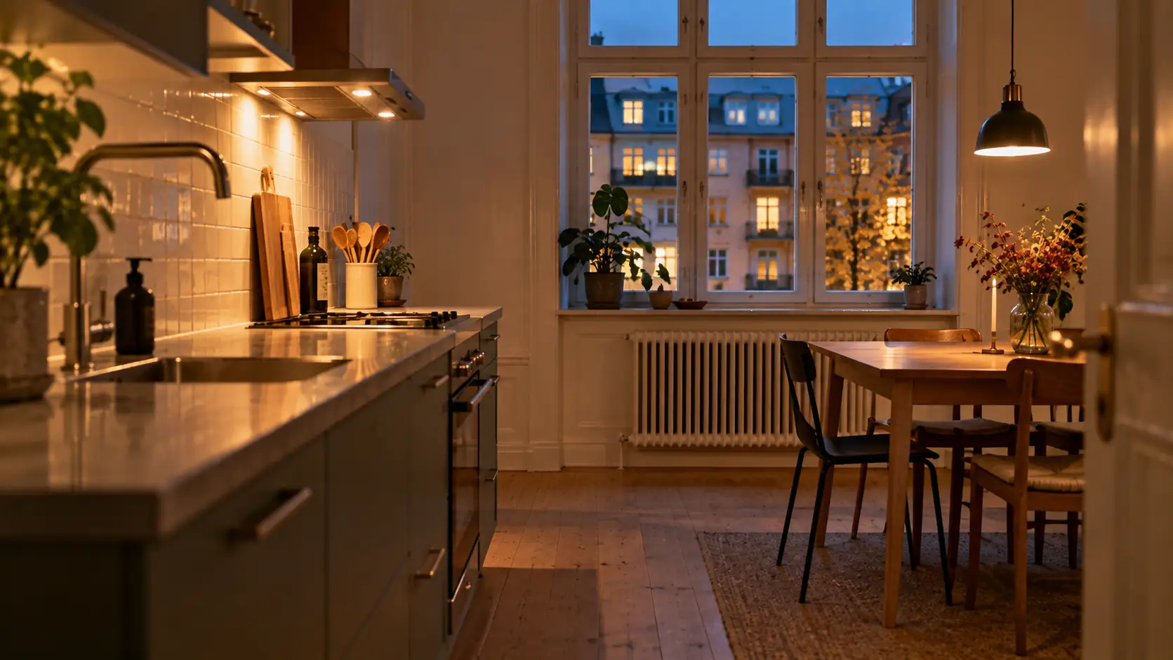Cozy kitchen with evening sunshine