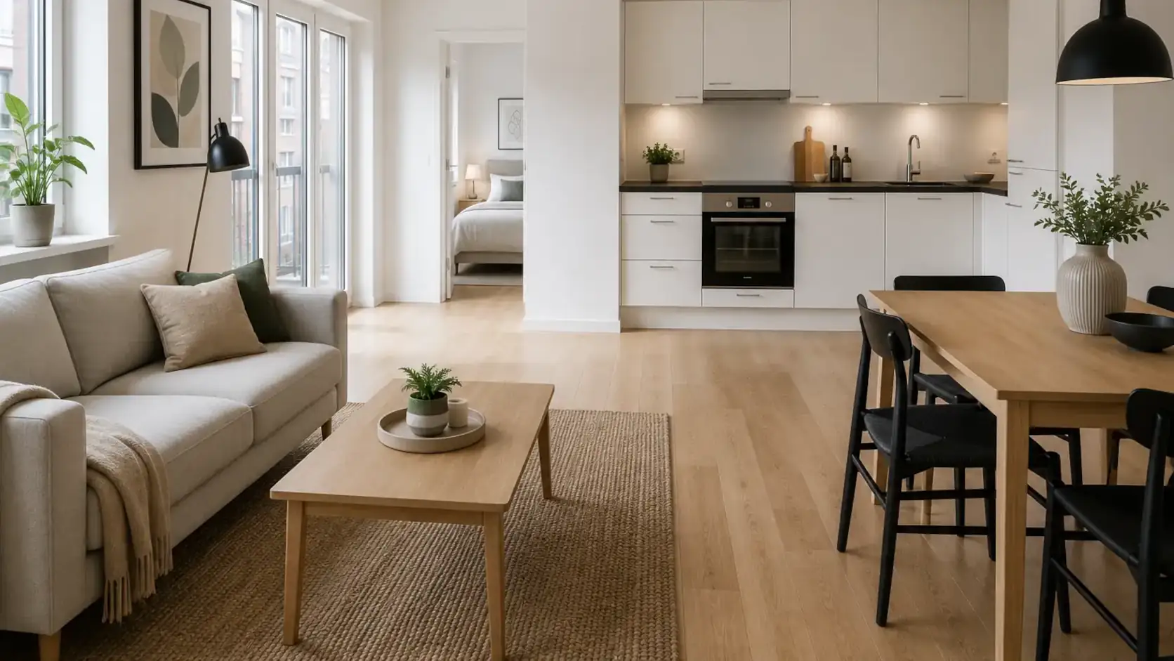 Modern furnished apartment in bright Nordic style with open-plan kitchen, living area, and natural daylight – inspiration for rental housing and apartments.