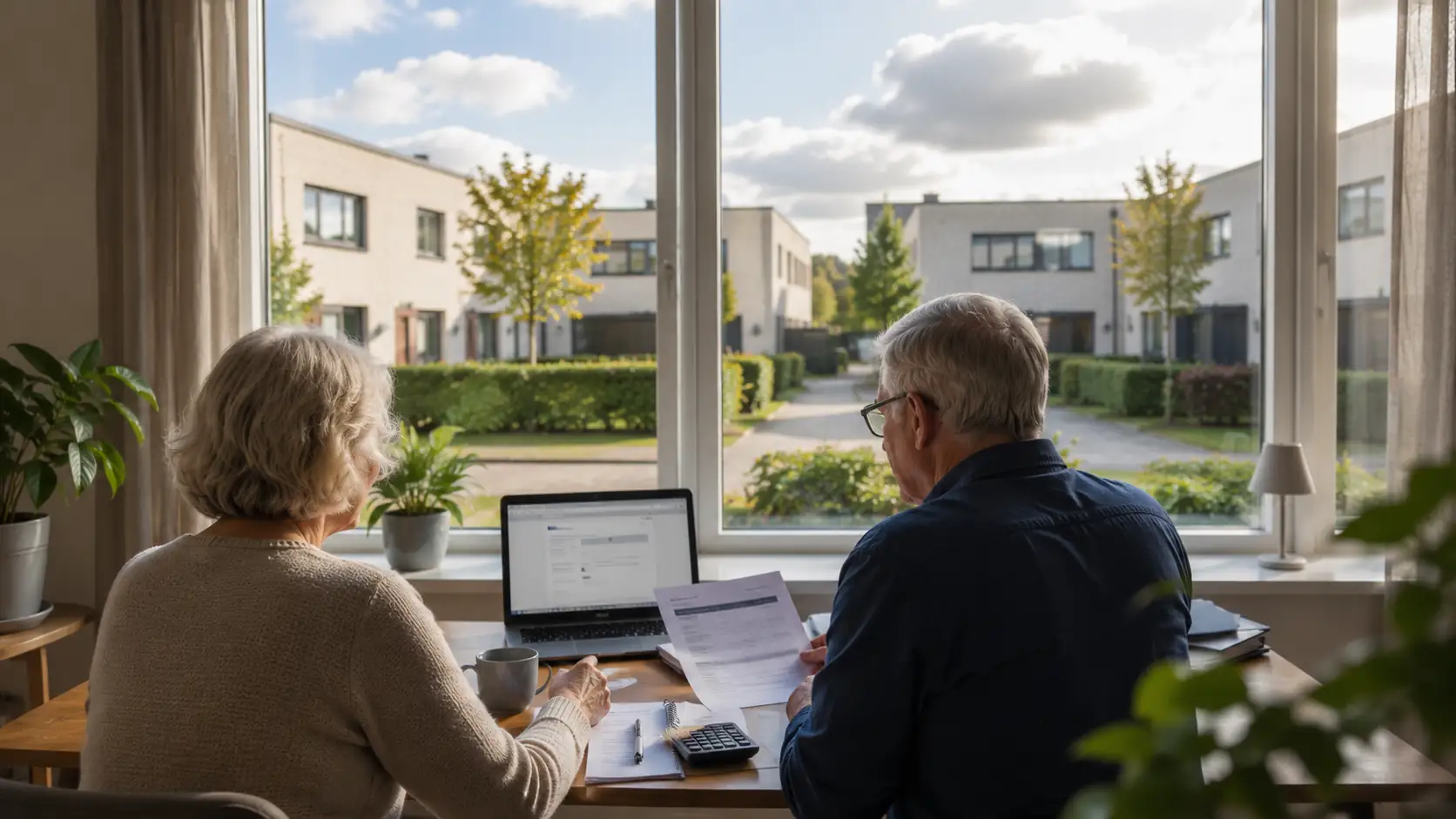Older couple sitting by the computer looking at some papers