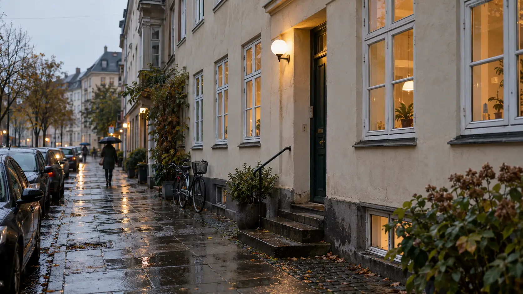 Street during rain and warm light from the windows