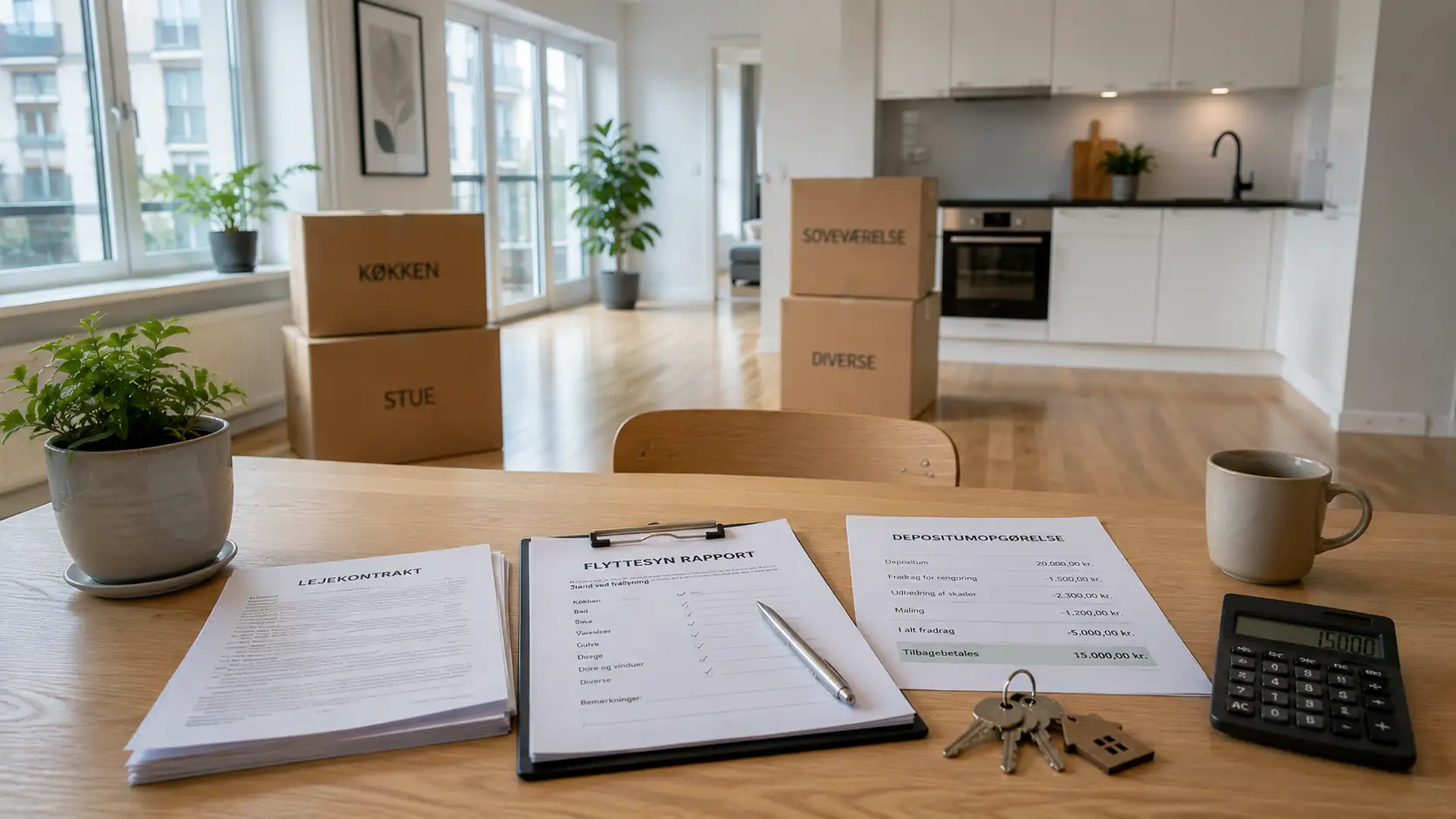 Deposit settlement and move-out inspection in a modern rental apartment with documentation, keys, and moving boxes ready for lease completion.