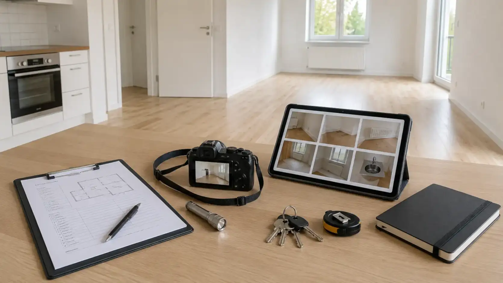 Move-out inspection with documentation, photos, and checklist in a modern rental apartment.