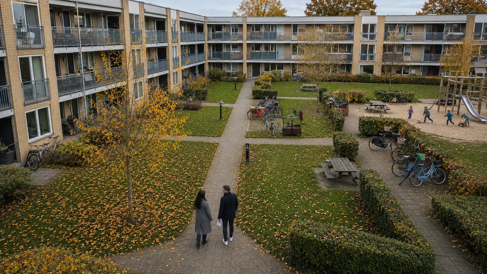 Woman and man walking with document outside of some apartments