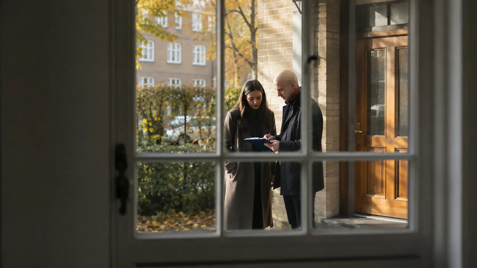 Woman and man looking at a report related to an apartment