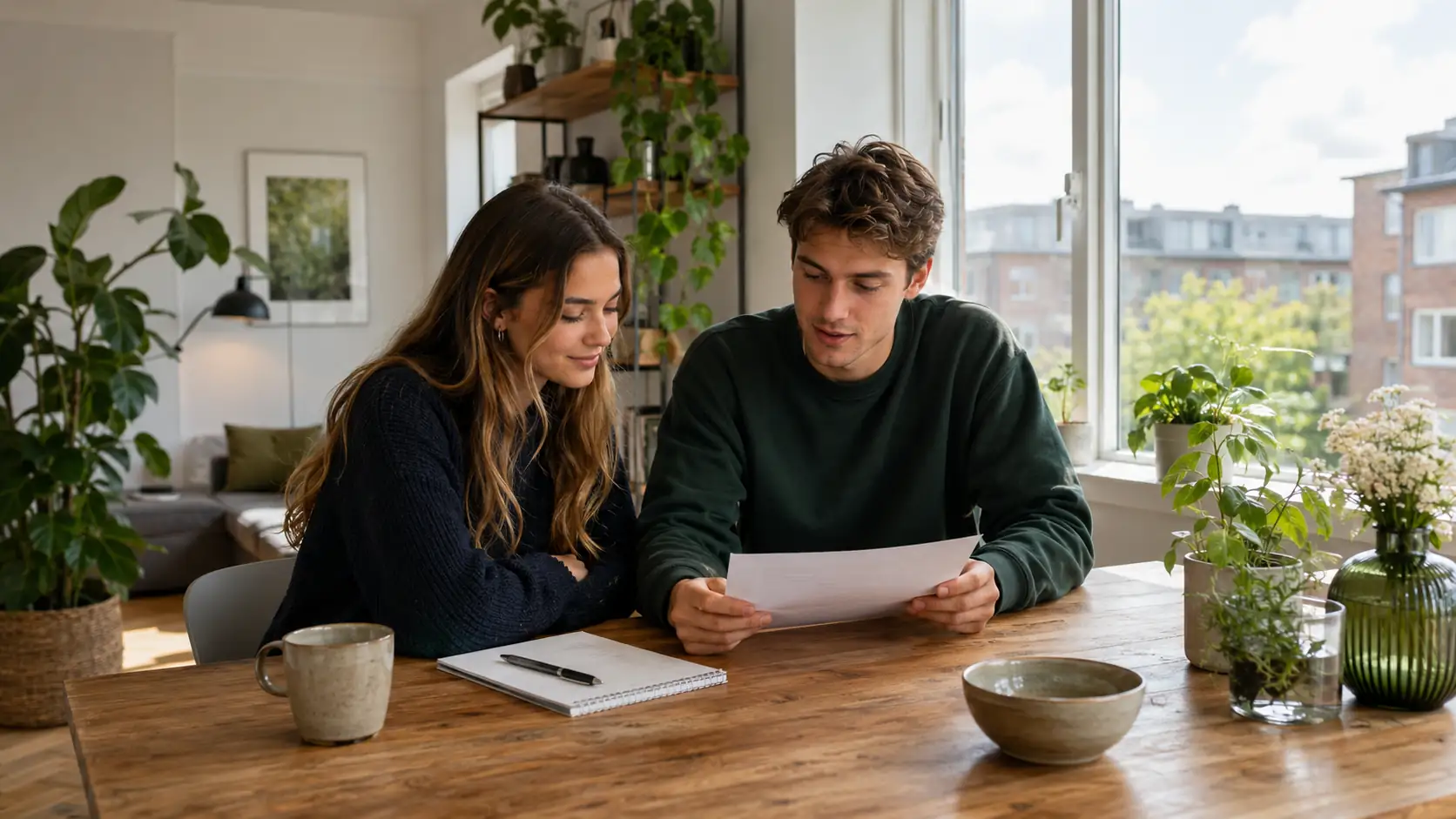 Two students looking at a piece of paper related to their apartment