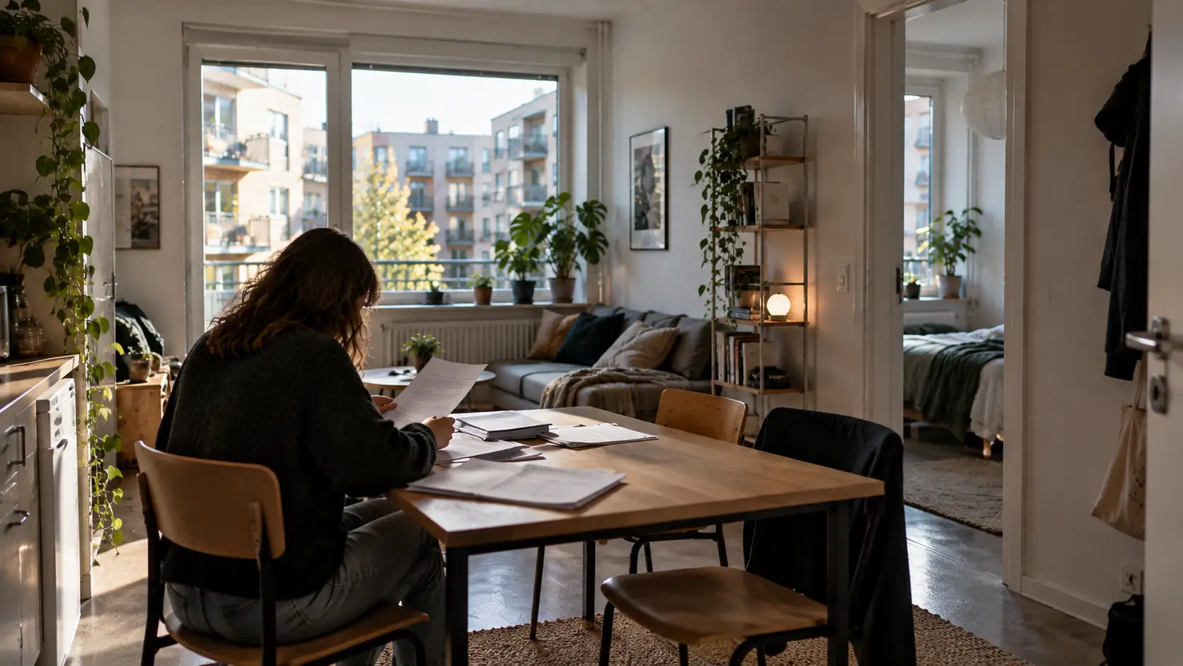 Woman in a student apartment looking at paper with some lists