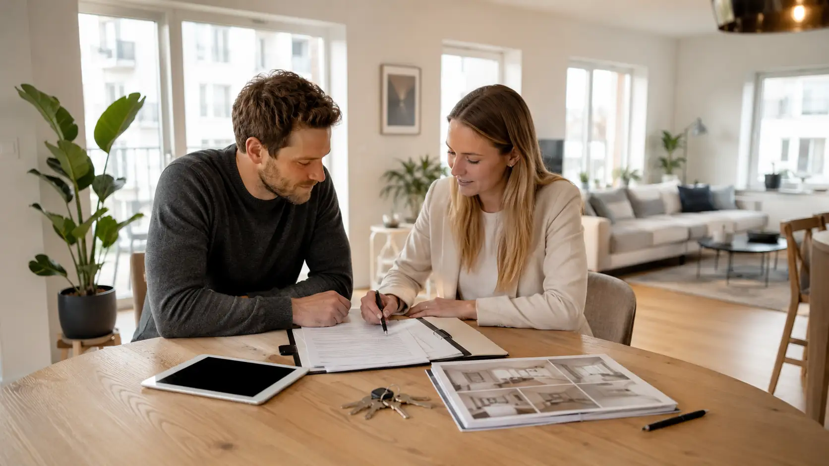 Tenant and landlord reviewing a rental agreement and documentation in a modern apartment.