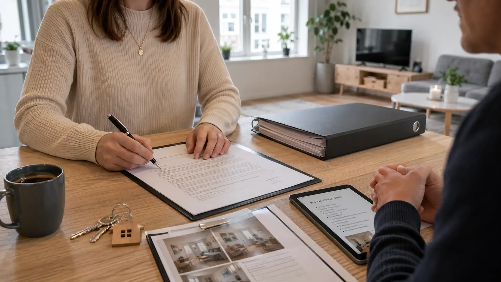 Tenant and landlord reviewing and signing a rental agreement in a modern apartment.