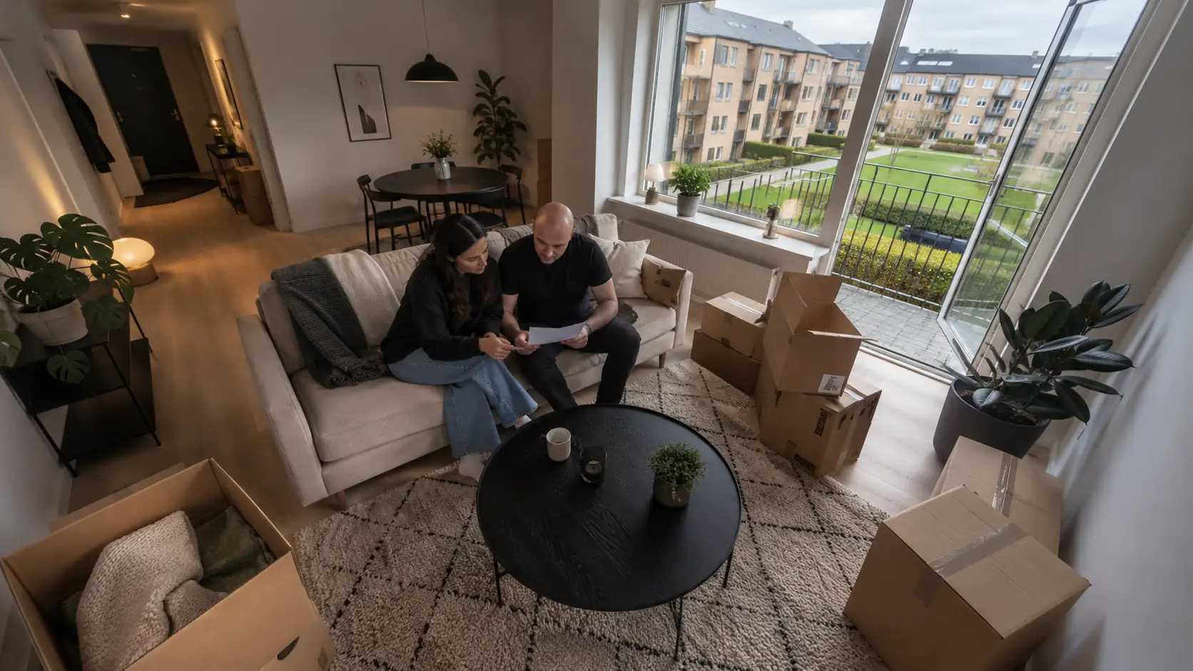 Couple sitting in the living holding a piece of paper