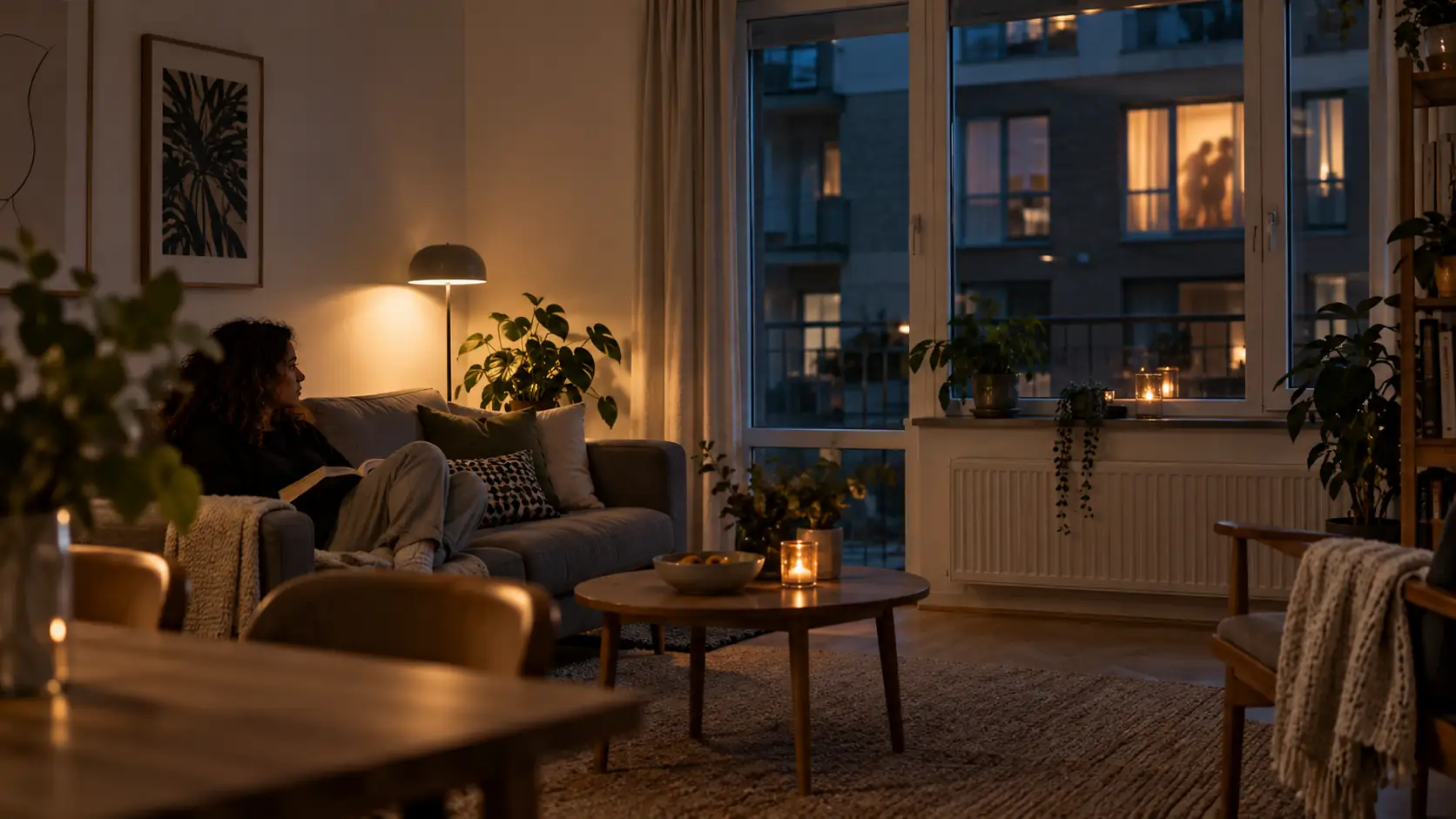 Woman looking at a couple making noise in the evening