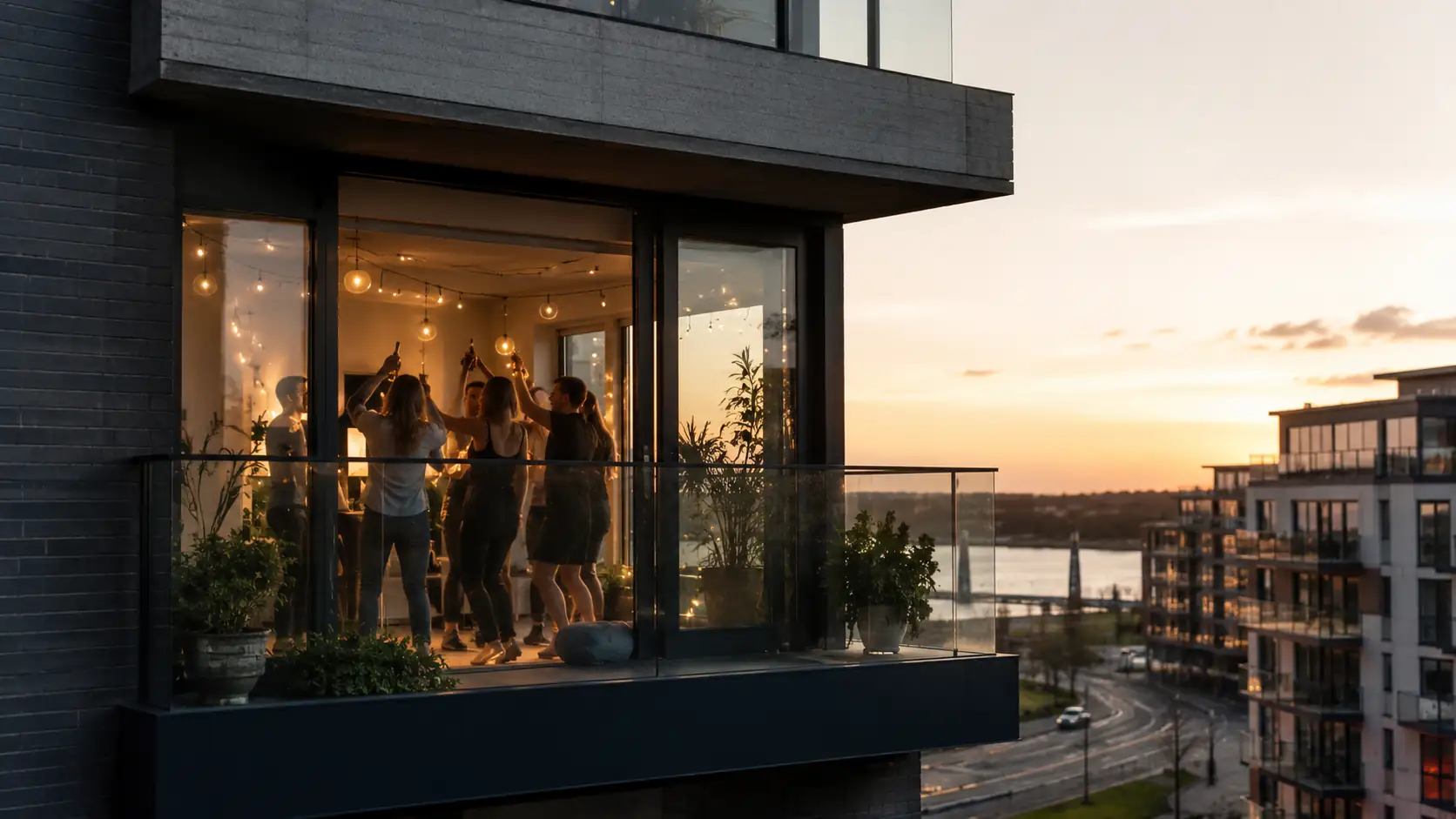 Noisy apartment party at sunset. Learn tenancy law rules on noise, neighbor complaints, and your rights as tenant and landlord.